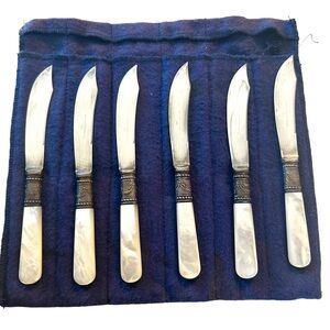 Set of 6 Vtg Meriden Cutlery Sterling Bow Band Mother of Pearl Handle Fish Knife